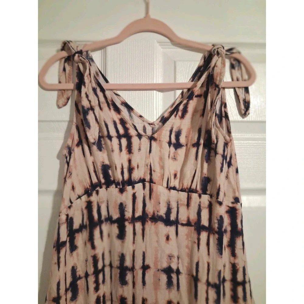 Boho 100% Cotton Tie Dye Midi Dress Tie Shoulder Ruffle Hem Fall Layering Small